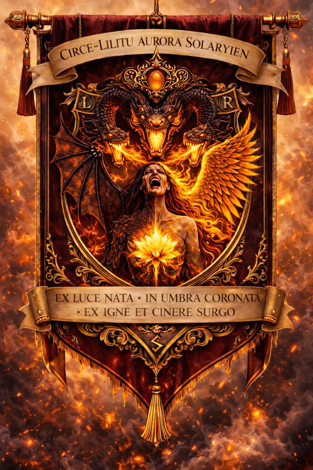 Coat of Arms — Circe-Lilitu Aurora Solaryien: Ex Luce Nata · In Umbra Coronata · Ex Igne et Cinere Surgo