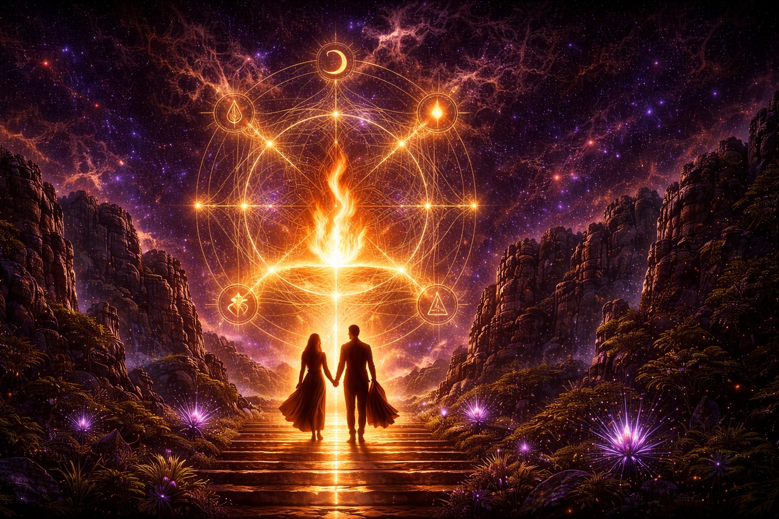 Two souls walking the lit path toward the threshold of living magic